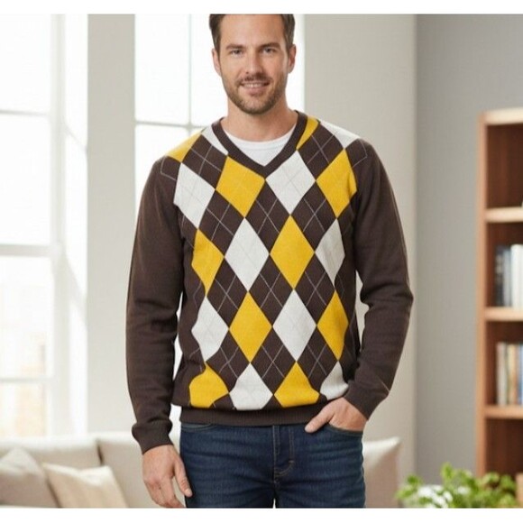 Banana Republic Size XL Cotton Cashmere Argyle Sweater Brown Preppy Classic - Picture 1 of 10